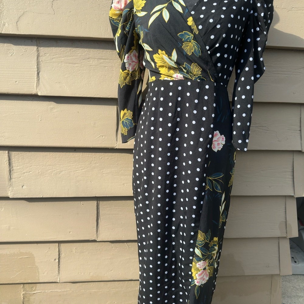 SHEIN Black Polka Dot Midi Dress with Yellow Floral Accents